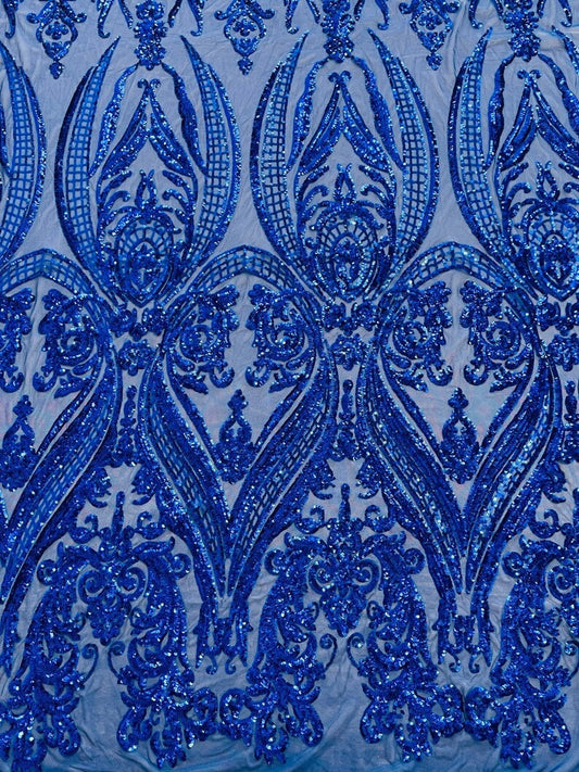 Luxury Fashion Design with Sequins Embroider on a 4 Way Stretch Mesh Fabric-Sold by The Yard. Royal Blue