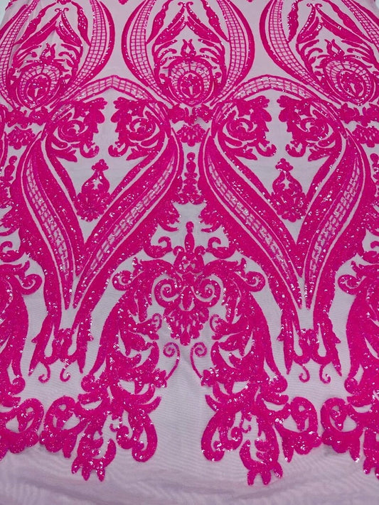 Luxury Fashion Design with Sequins Embroider on a 4 Way Stretch Mesh Fabric-Sold by The Yard. Neon Pink Iridescent