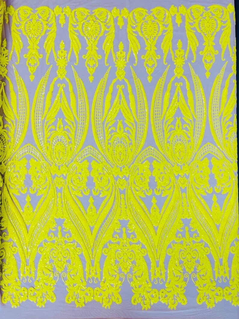 Luxury Fashion Design with Sequins Embroider on a 4 Way Stretch Mesh Fabric-Sold by The Yard. Bright Yellow Iridescent