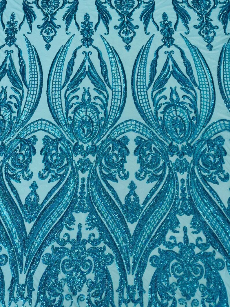 Luxury Fashion Design with Sequins Embroider on a 4 Way Stretch Mesh Fabric-Sold by The Yard. Turquoise