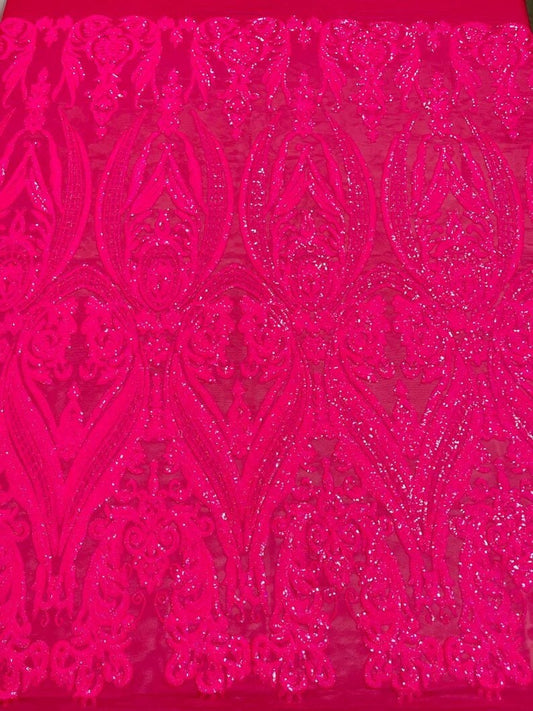 Luxury Fashion Design with Sequins Embroider on a 4 Way Stretch Mesh Fabric-Sold by The Yard.  Hot Pink