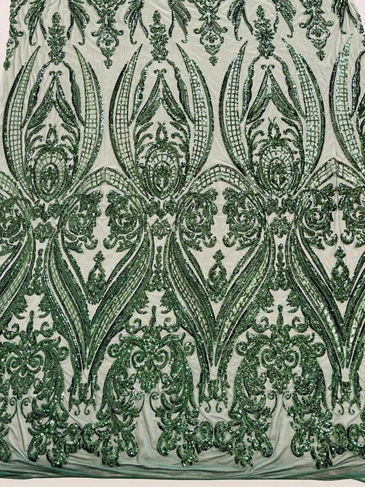 Luxury Fashion Design with Sequins Embroider on a 4 Way Stretch Mesh Fabric-Sold by The Yard.  Hunter Green