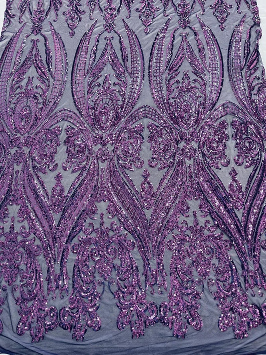 Luxury Fashion Design with Sequins Embroider on a 4 Way Stretch Mesh Fabric-Sold by The Yard. Purple