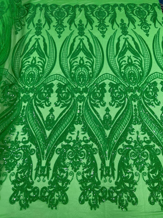 Luxury Fashion Design with Sequins Embroider on a 4 Way Stretch Mesh Fabric-Sold by The Yard. Green