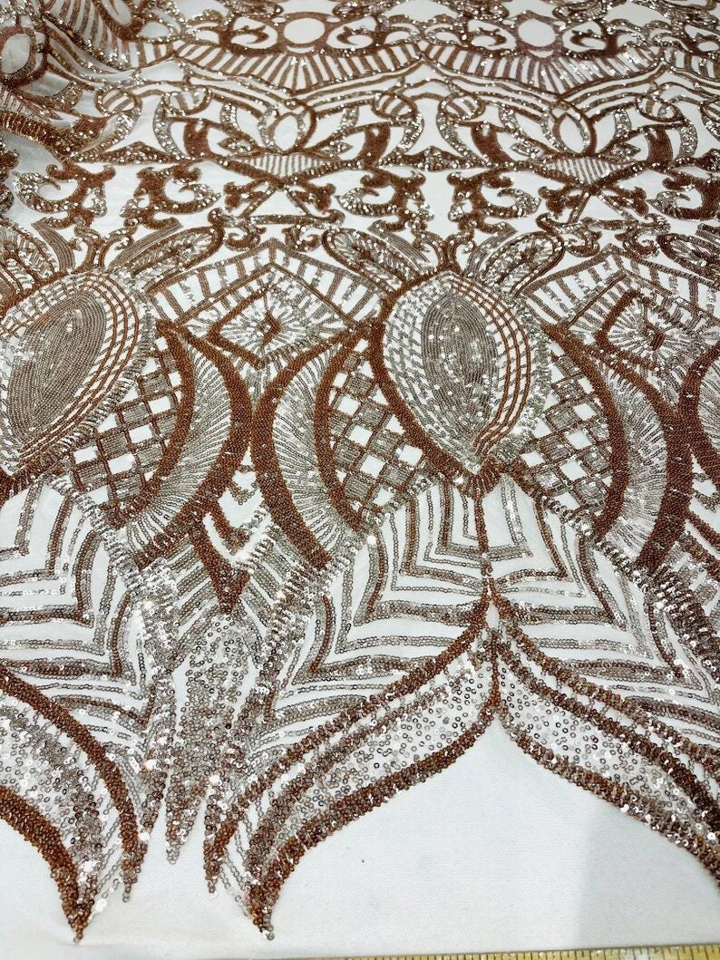 Mermaid Fashion Design with Sequins Embroider on a 4 Way Stretch Mesh Fabric-Sold by The Yard. Rose Gold