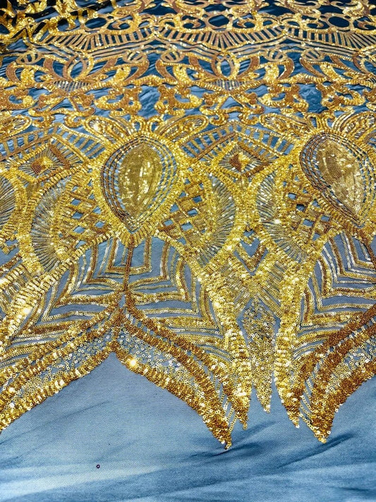 Mermaid Fashion Design with Sequins Embroider on a 4 Way Stretch Mesh Fabric-Sold by The Yard. Dk Gold Black