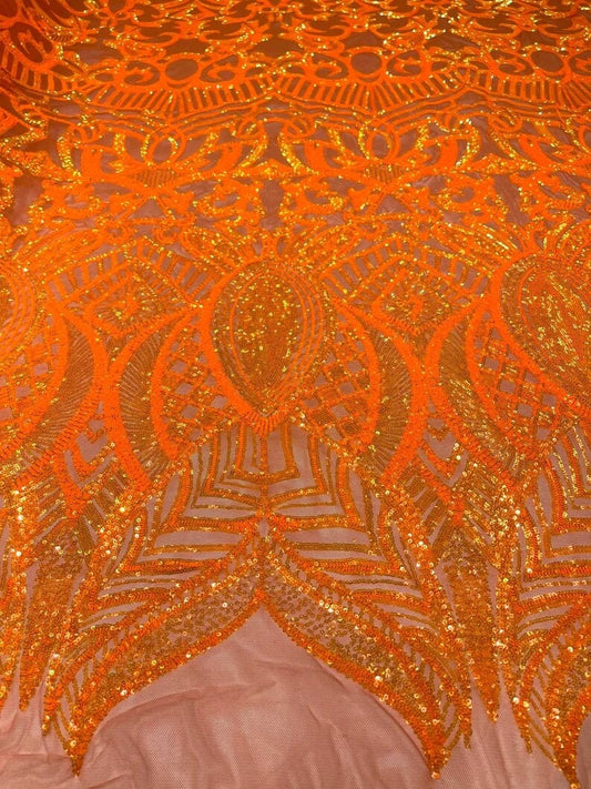 Mermaid Fashion Design with Sequins Embroider on a 4 Way Stretch Mesh Fabric-Sold by The Yard. Neon Orange Iridescent