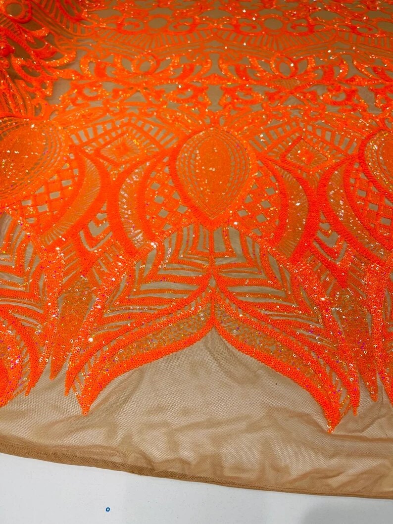 Mermaid Fashion Design with Sequins Embroider on a 4 Way Stretch Mesh Fabric-Sold by The Yard. Neon Orange Iridescent Nude