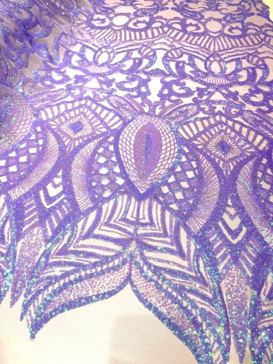 Mermaid Fashion Design with Sequins Embroider on a 4 Way Stretch Mesh Fabric-Sold by The Yard. Lavender Iridescent