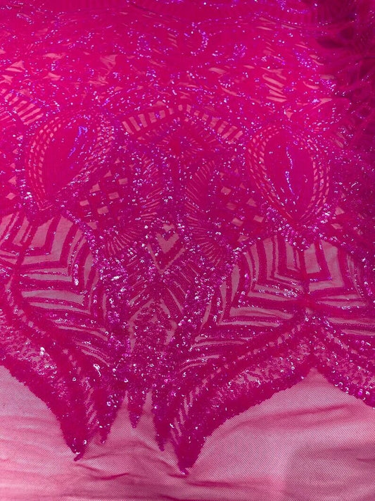 Mermaid Fashion Design with Sequins Embroider on a 4 Way Stretch Mesh Fabric-Sold by The Yard. Neon Pink Iridescent