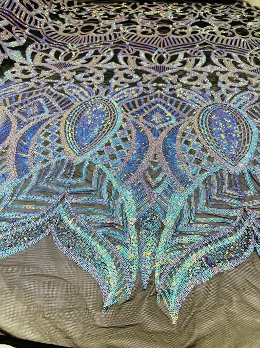 Mermaid Fashion Design with Sequins Embroider on a 4 Way Stretch Mesh Fabric-Sold by The Yard. Aqua Blue Black Iridescent