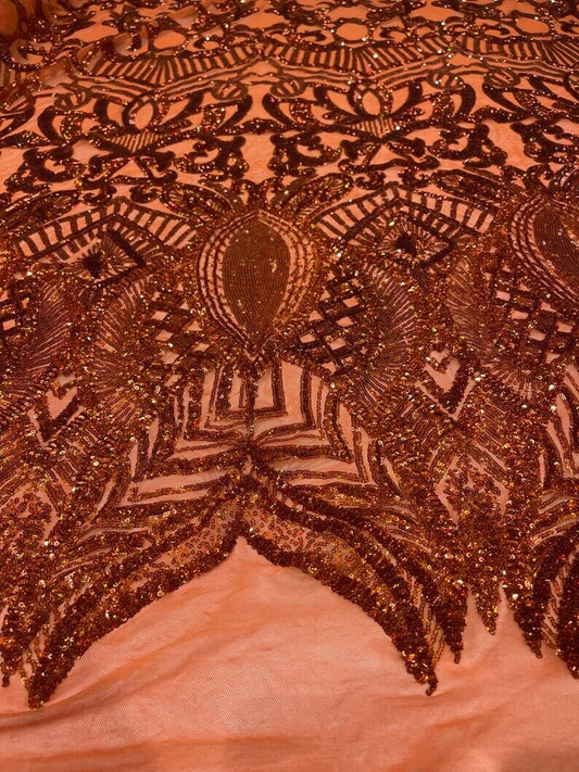 Mermaid Fashion Design with Sequins Embroider on a 4 Way Stretch Mesh Fabric-Sold by The Yard. Burnt Orange