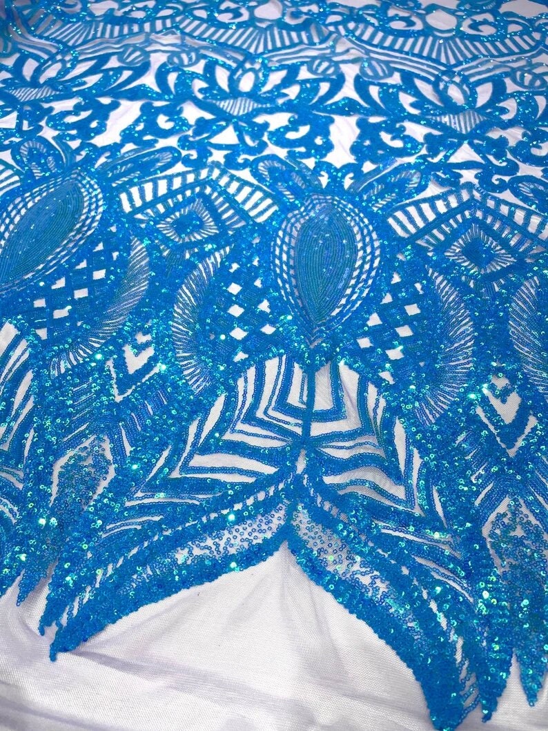 Mermaid Fashion Design with Sequins Embroider on a 4 Way Stretch Mesh Fabric-Sold by The Yard. Turquoise Iridescent