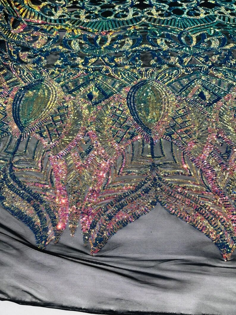 Mermaid Fashion Design with Sequins Embroider on a 4 Way Stretch Mesh Fabric-Sold by The Yard. Rainbow Iridescent