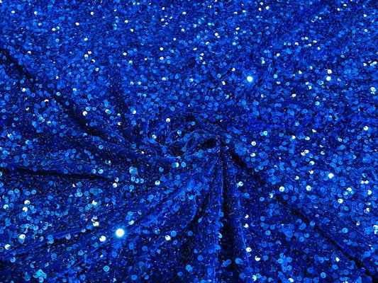 5mm Sequins on a Stretch Velvet 2-Way Stretch Sold By The Yard. Royal Blue