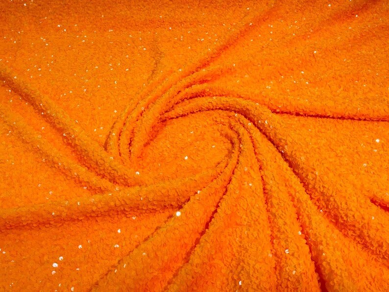 5mm Sequins on a Stretch Velvet 2-Way Stretch Sold By The Yard. Bright Orange