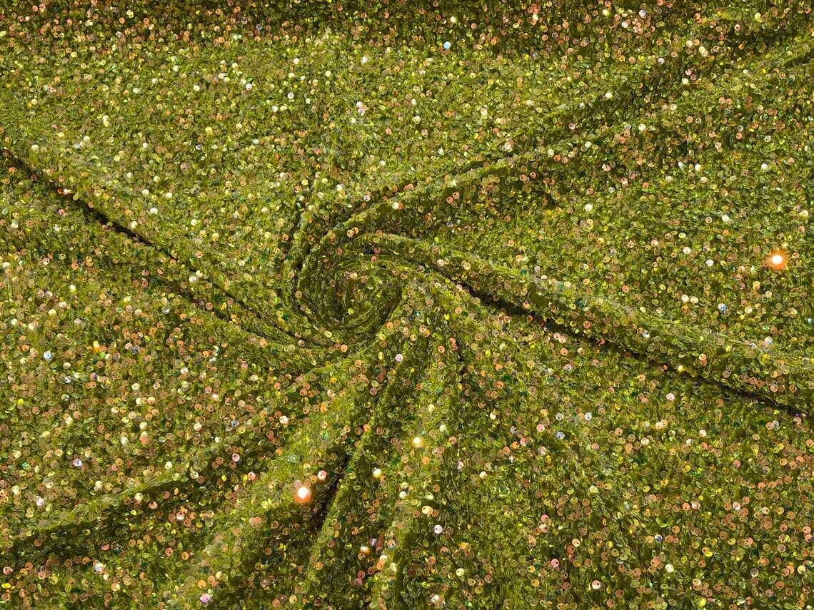 5mm Sequins on a Stretch Velvet 2-Way Stretch Sold By The Yard. Clear Olive Green