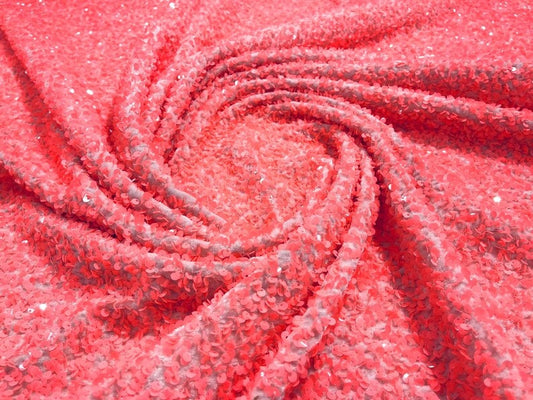 5mm Sequins on a Stretch Velvet 2-Way Stretch Sold By The Yard. Neon Coral