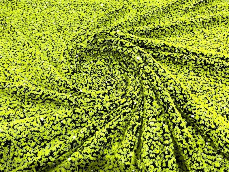 5mm Sequins on a Stretch Velvet 2-Way Stretch Sold By The Yard. Neon Green