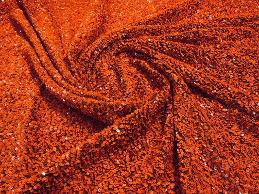 5mm Sequins on a Stretch Velvet 2-Way Stretch Sold By The Yard. Burnt Orange