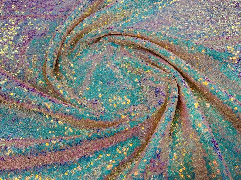 Mermaid Fish Scales-Mini Glitz Sequins Embroider 2 Way Stretch Mesh Fabric-Sold By The Yard-