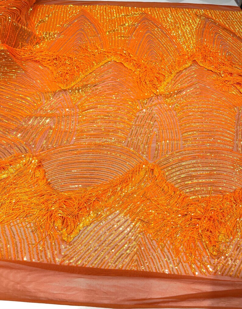 Iridescent Shiny Fringe Sequins Design on a 4 Way Stretch Mesh Fabric-Prom-Sold by The Yard.