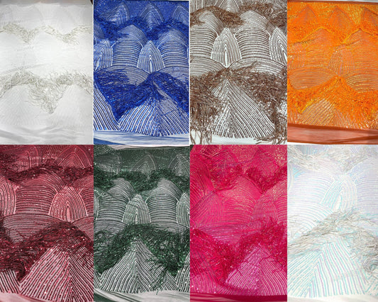 Iridescent Shiny Fringe Sequins Design on a 4 Way Stretch Mesh Fabric-Prom-Sold by The Yard.