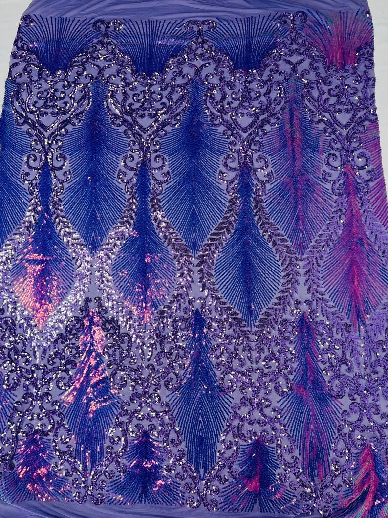 Iridescent Feather's Design Fashion Sequin Design on a 4 Way Stretch Mesh Fabric-Prom-Sold by The Yard.