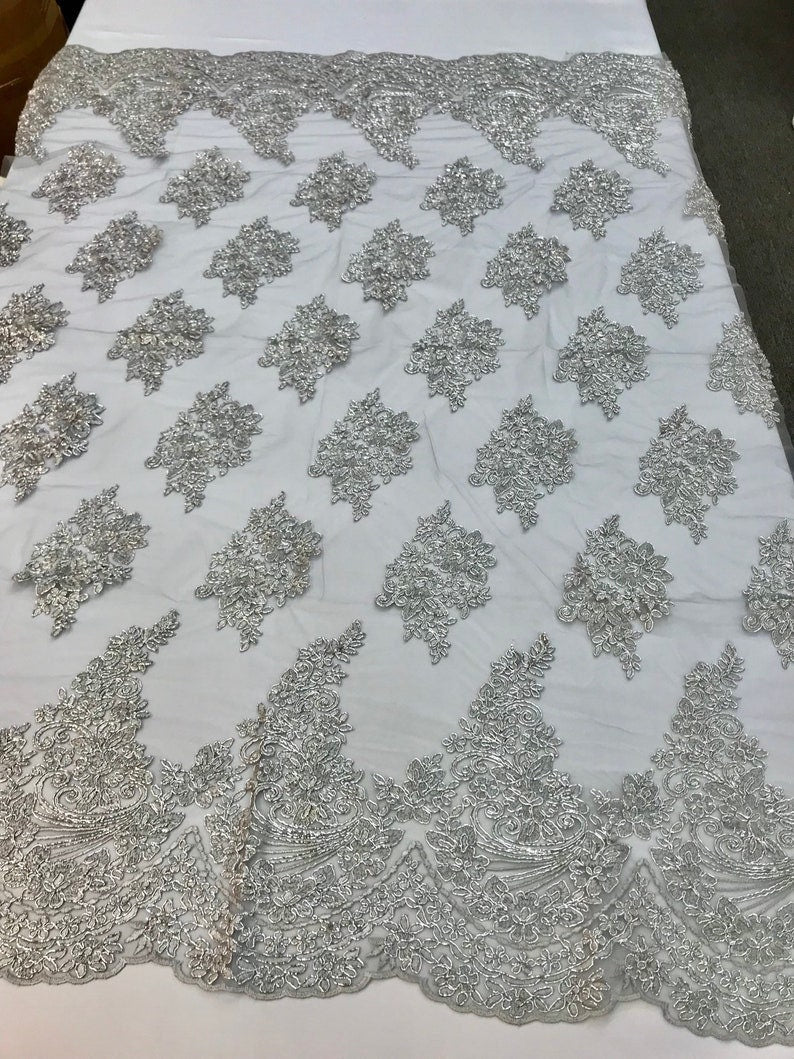 Corded Floral Lace Fabric -- Embroidery on a Mesh Lace Fabric By The Yard