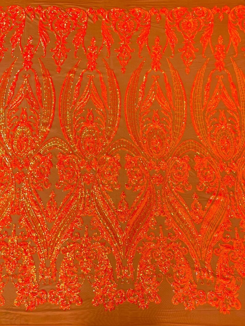 Luxury Fashion Design with Sequins Embroider on a 4 Way Stretch Mesh Fabric-Sold by The Yard. Orange Iridescent