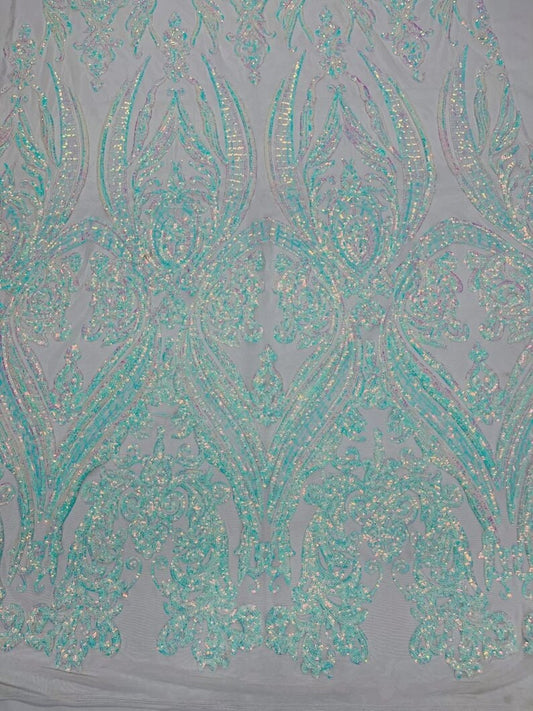 Luxury Fashion Design with Sequins Embroider on a 4 Way Stretch Mesh Fabric-Sold by The Yard. Aqua Blue Iridescent