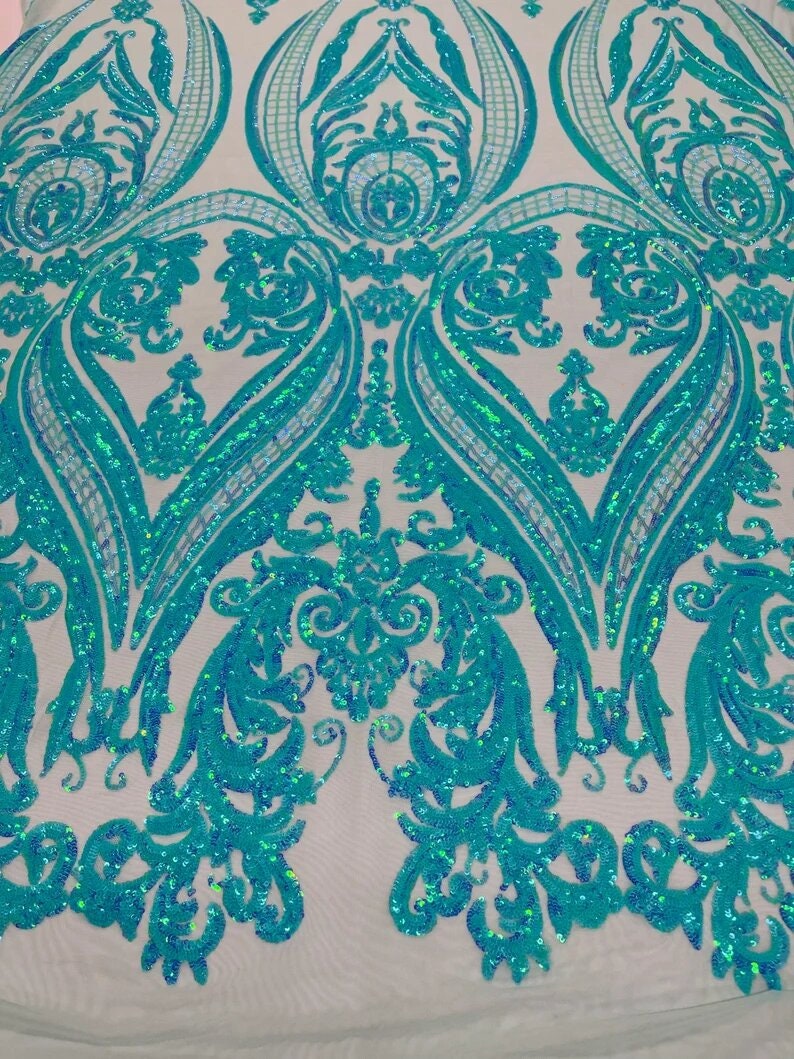 Luxury Fashion Design with Sequins Embroider on a 4 Way Stretch Mesh Fabric-Sold by The Yard. Mint Green Iridescent