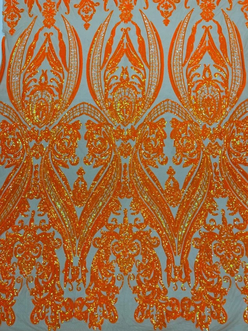 Luxury Fashion Design with Sequins Embroider on a 4 Way Stretch Mesh Fabric-Sold by The Yard. Neon Orange Iridescent