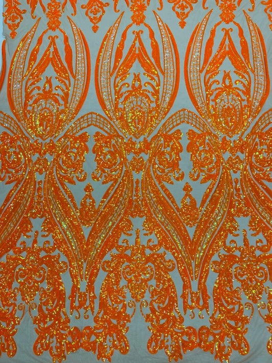 Luxury Fashion Design with Sequins Embroider on a 4 Way Stretch Mesh Fabric-Sold by The Yard. Neon Orange Iridescent