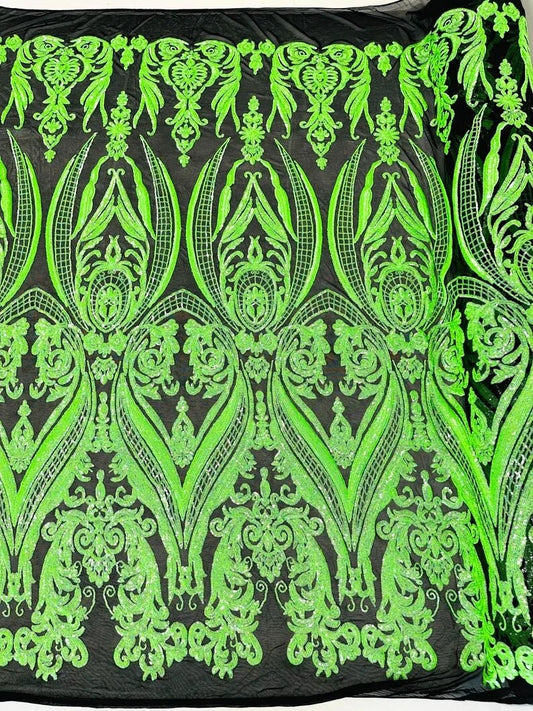 Luxury Fashion Design with Sequins Embroider on a 4 Way Stretch Mesh Fabric-Sold by The Yard. Green Iridescent