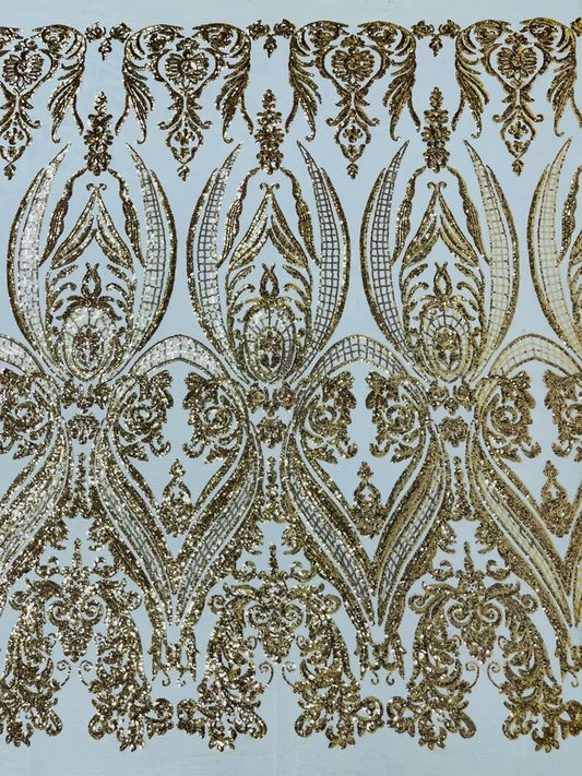 Luxury Fashion Design with Sequins Embroider on a 4 Way Stretch Mesh Fabric-Sold by The Yard. Gold