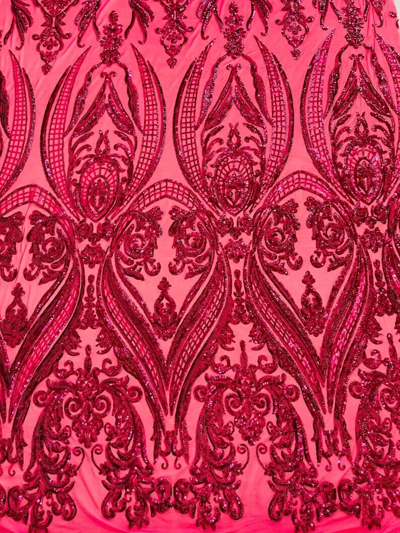 Luxury Fashion Design with Sequins Embroider on a 4 Way Stretch Mesh Fabric-Sold by The Yard. Fuchsia