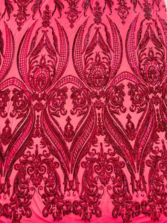 Luxury Fashion Design with Sequins Embroider on a 4 Way Stretch Mesh Fabric-Sold by The Yard. Fuchsia