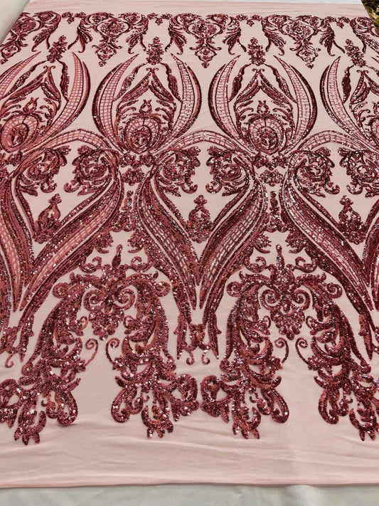 Luxury Fashion Design with Sequins Embroider on a 4 Way Stretch Mesh Fabric-Sold by The Yard. Dusty Rose