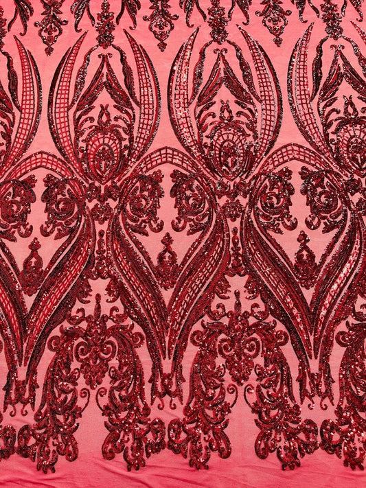 Luxury Fashion Design with Sequins Embroider on a 4 Way Stretch Mesh Fabric-Sold by The Yard. Burgundy