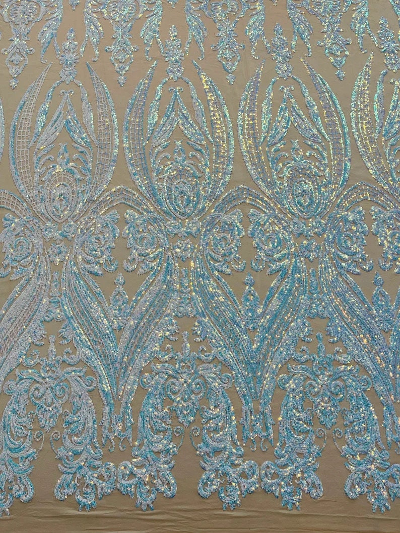 Luxury Fashion Design with Sequins Embroider on a 4 Way Stretch Mesh Fabric-Sold by The Yard. Aqua Iridescent