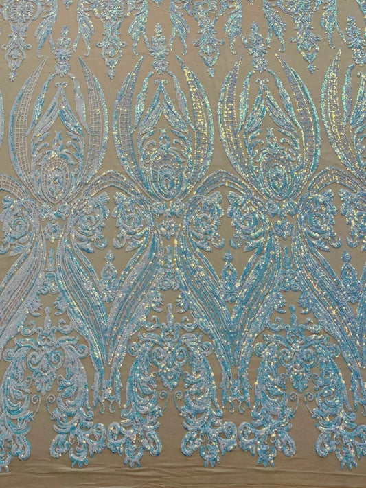 Luxury Fashion Design with Sequins Embroider on a 4 Way Stretch Mesh Fabric-Sold by The Yard. Aqua Iridescent