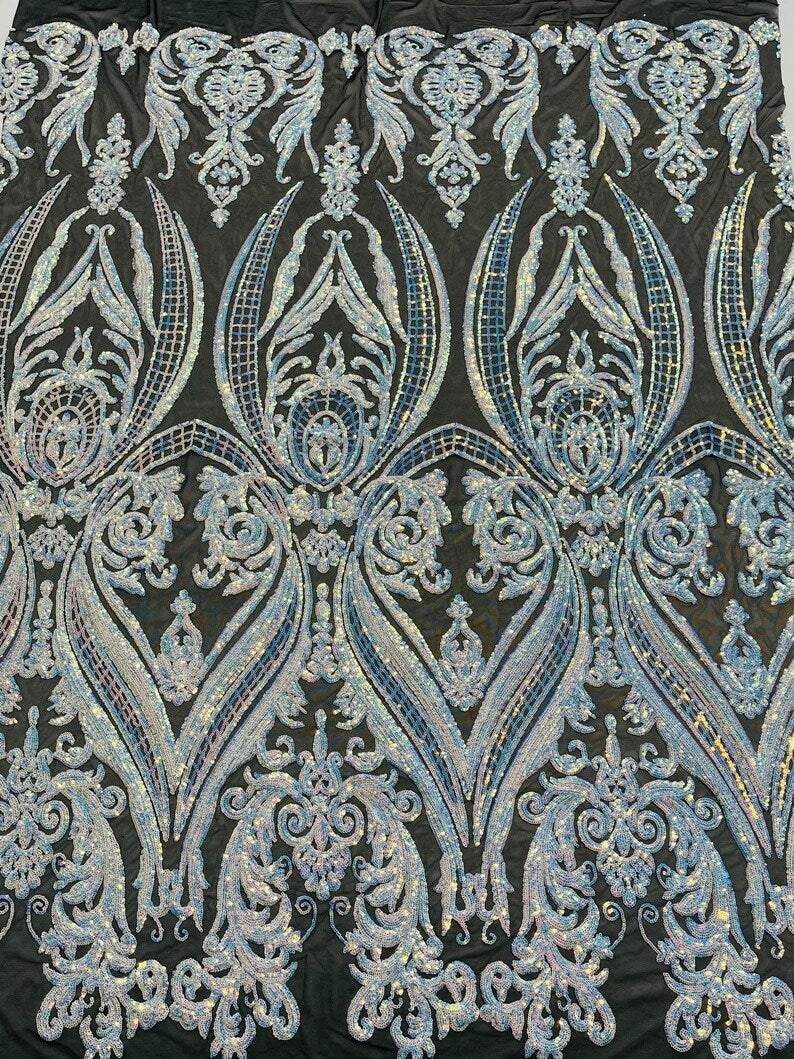 Luxury Fashion Design with Sequins Embroider on a 4 Way Stretch Mesh Fabric-Sold by The Yard. Aqua Unicorn Iridescent