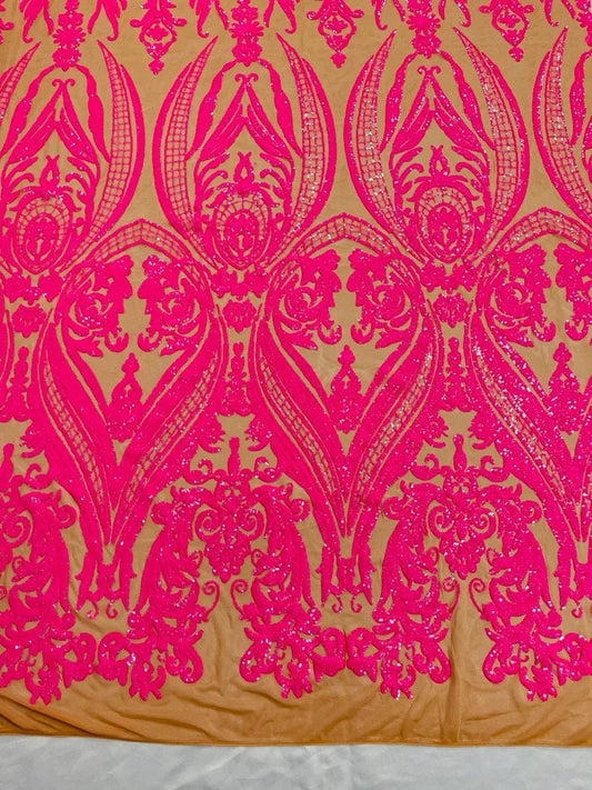 Luxury Fashion Design with Sequins Embroider on a 4 Way Stretch Mesh Fabric-Sold by The Yard. Hot Pink Iridescent