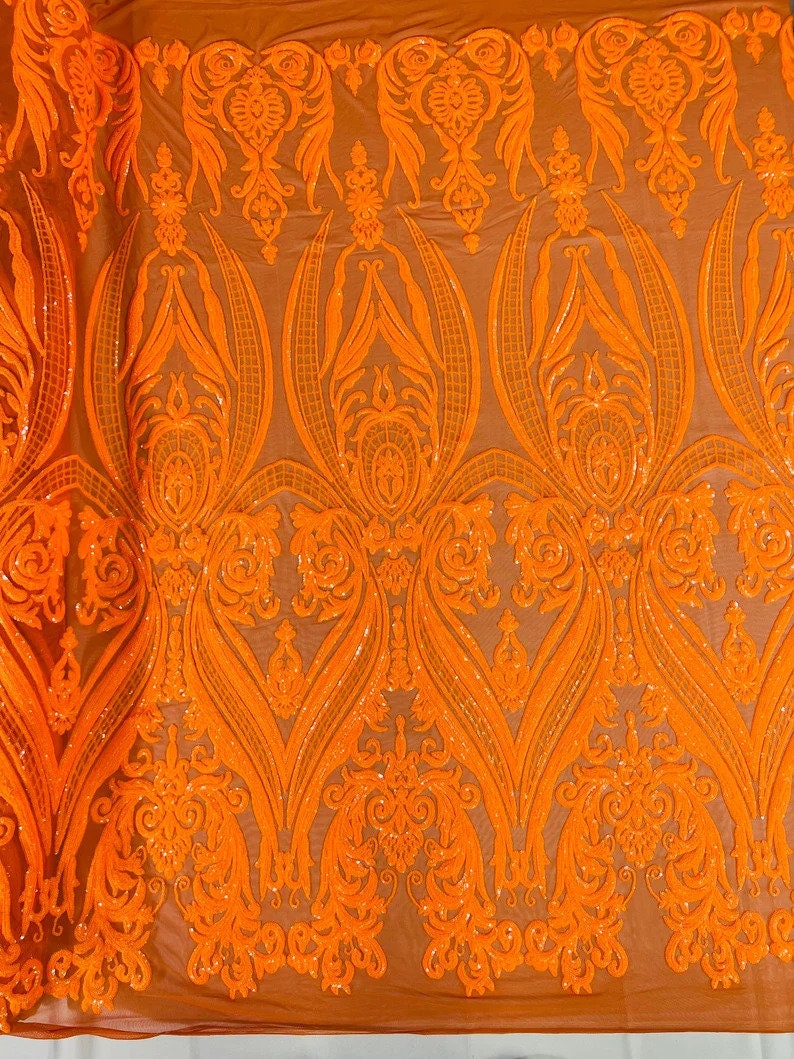 Luxury Fashion Design with Sequins Embroider on a 4 Way Stretch Mesh Fabric-Sold by The Yard. Bright Orange