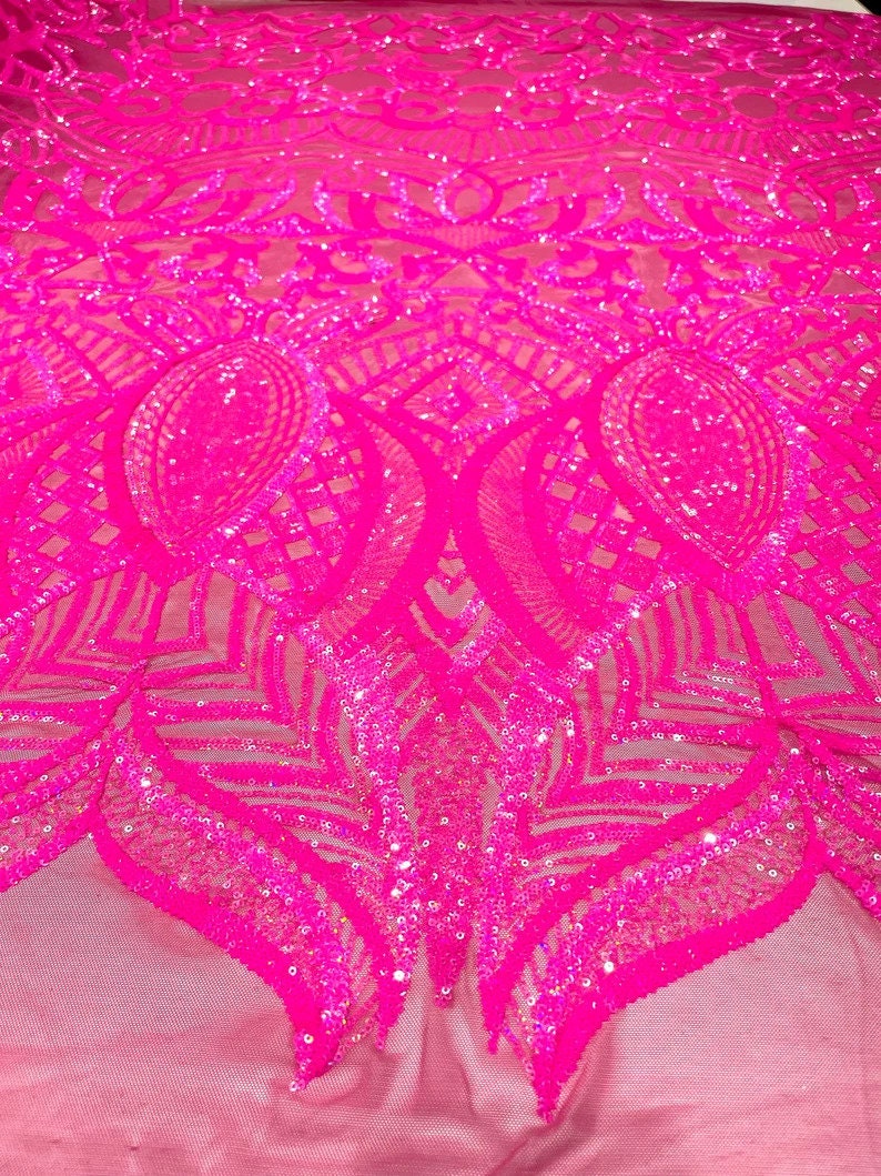 Mermaid Fashion Design with Sequins Embroider on a 4 Way Stretch Mesh Fabric-Sold by The Yard. Hot Pink Iridescent