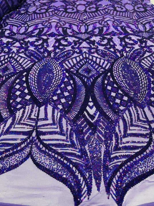 Mermaid Fashion Design with Sequins Embroider on a 4 Way Stretch Mesh Fabric-Sold by The Yard. Purple Iridescent