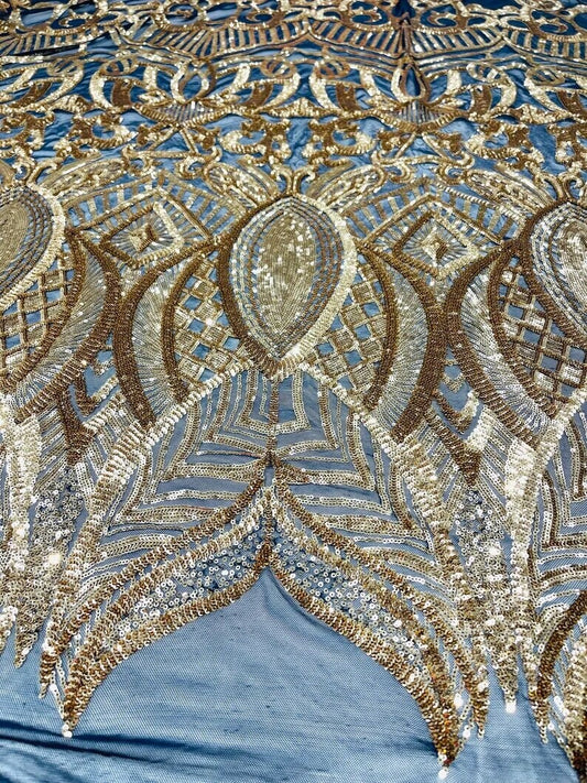 Mermaid Fashion Design with Sequins Embroider on a 4 Way Stretch Mesh Fabric-Sold by The Yard. Gold/Black