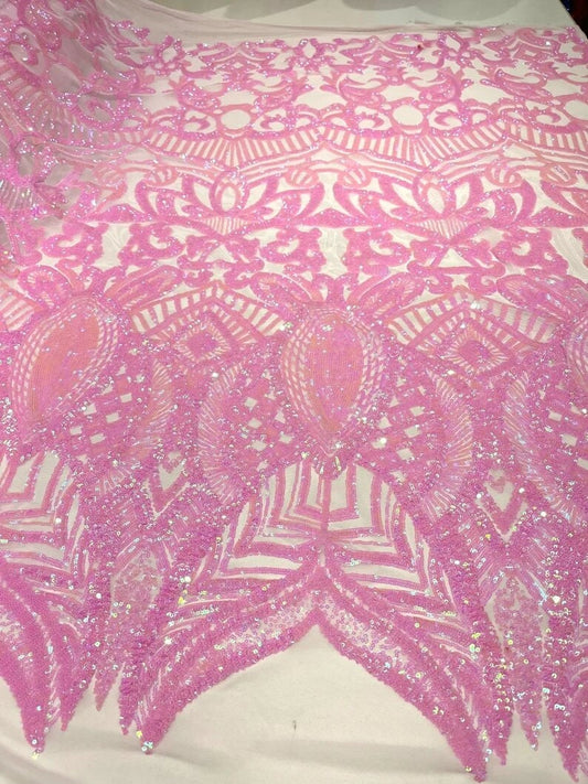 Mermaid Fashion Design with Sequins Embroider on a 4 Way Stretch Mesh Fabric-Sold by The Yard. Candy Pink Iridescent