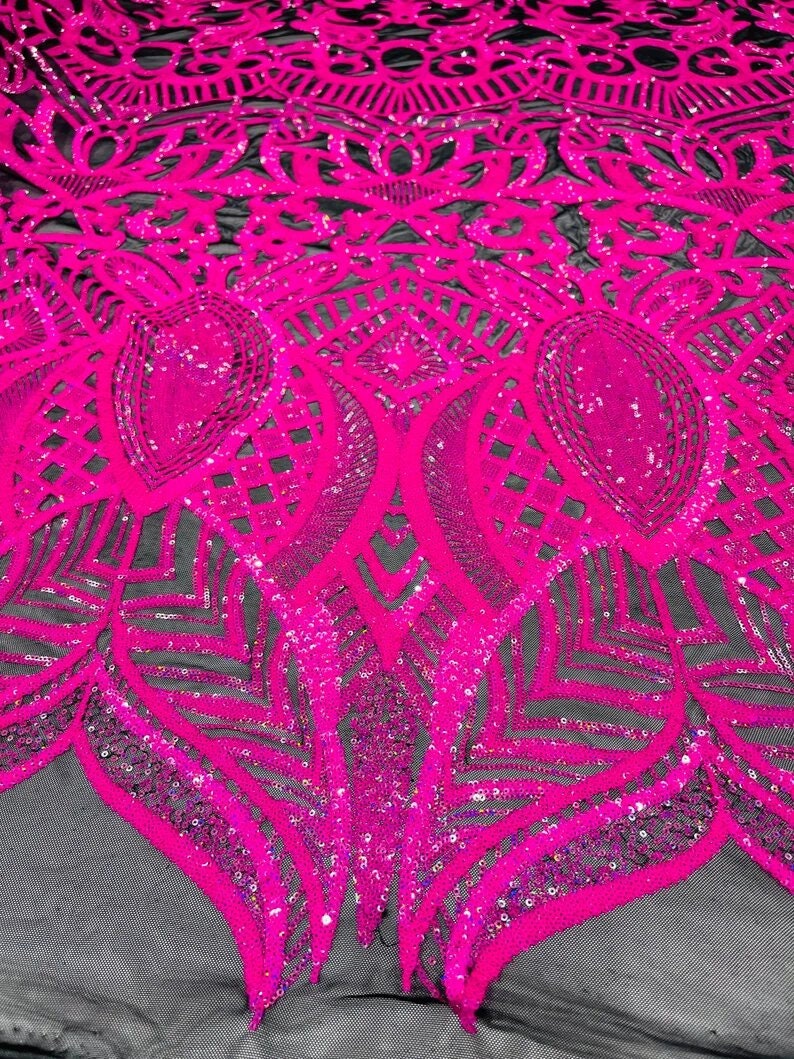 Mermaid Fashion Design with Sequins Embroider on a 4 Way Stretch Mesh Fabric-Sold by The Yard. Neon Pink Iridescent Black